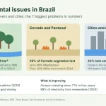 Infographic of environmental issues in Brazil: panels for the Amazon, the Cerrado and Pantanal, and cities and rivers with key figures on deforestation, fires, drought, sewage, floods and mining