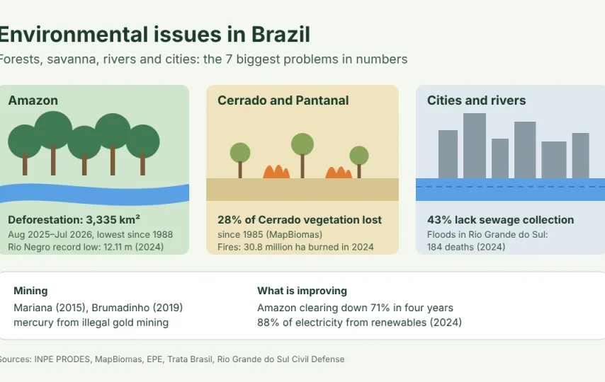 Infographic of environmental issues in Brazil: panels for the Amazon, the Cerrado and Pantanal, and cities and rivers with key figures on deforestation, fires, drought, sewage, floods and mining