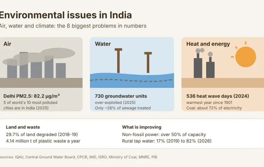 Infographic of environmental issues in India: panels for air, water and climate with key figures on PM2.5, groundwater, sewage, heat waves and coal power