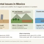 Infographic of environmental issues in Mexico: panels for water, air and land, coasts and wildlife with key figures on drought, subsidence, PM2.5, forest loss and the vaquita