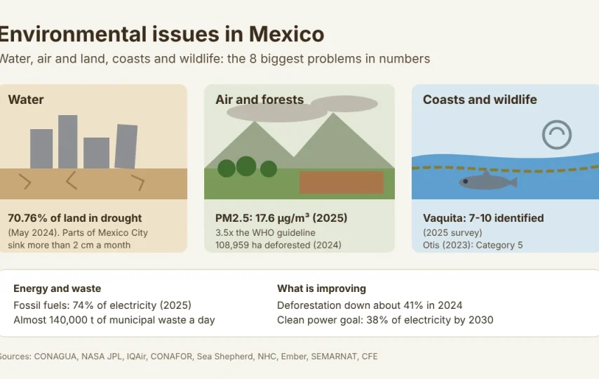 Infographic of environmental issues in Mexico: panels for water, air and land, coasts and wildlife with key figures on drought, subsidence, PM2.5, forest loss and the vaquita
