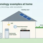 Illustration of green technology examples in a house: rooftop solar panels, a heat pump, a heat pump water heater, an induction cooktop, LED lighting, a smart thermostat, a green roof and an electric car charging