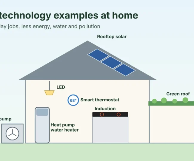 Illustration of green technology examples in a house: rooftop solar panels, a heat pump, a heat pump water heater, an induction cooktop, LED lighting, a smart thermostat, a green roof and an electric car charging