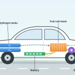 Diagram of a hydrogen fuel cell car showing hydrogen tanks, fuel cell stack, battery, electric motor, air intake and water vapor exhaust