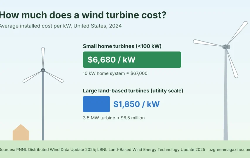 Chart comparing installed wind turbine cost per kW: small home turbines about $6,680/kW versus large land-based turbines about $1,850/kW in 2024