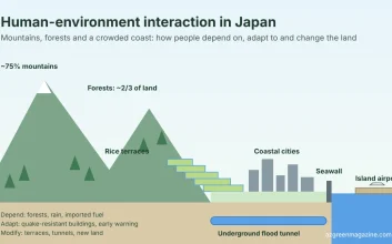 Diagram of human-environment interaction in Japan: mountains and forests, rice terraces on a slope, a city on the coastal plain with a seawall, a flood tunnel under the city and an airport on an artificial island