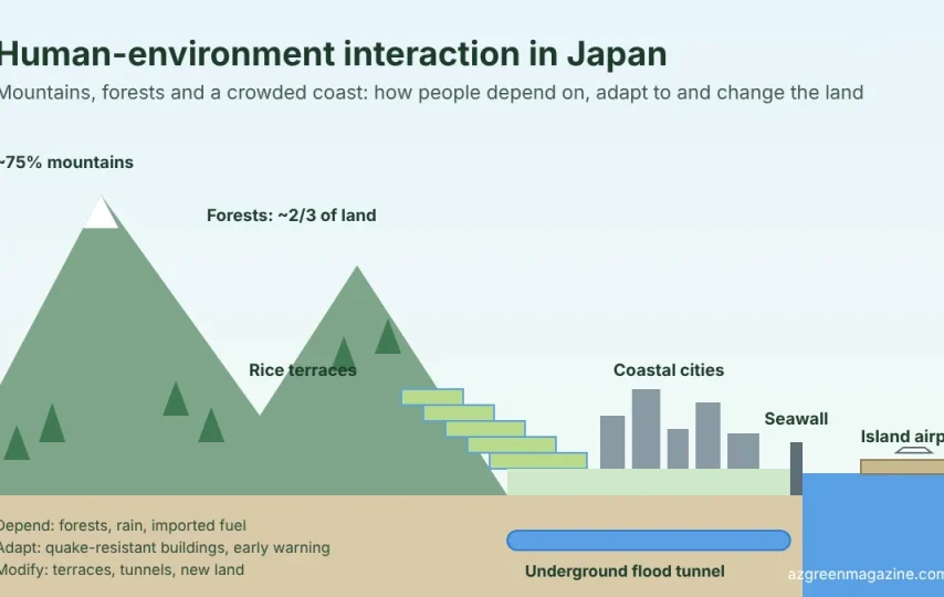 Diagram of human-environment interaction in Japan: mountains and forests, rice terraces on a slope, a city on the coastal plain with a seawall, a flood tunnel under the city and an airport on an artificial island