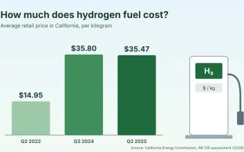 Bar chart of average hydrogen fuel cost in California per kilogram: $14.95 in 2022, $35.80 in 2024 and $35.47 in 2025, next to a hydrogen pump