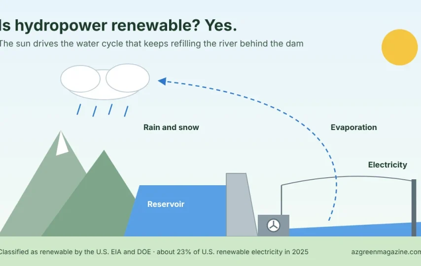 Diagram of the water cycle powering a hydroelectric dam: the sun evaporates water, rain and snow refill the river, and water flows through the dam's turbine to make electricity