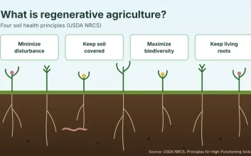 Diagram of the four soil health principles of regenerative agriculture: minimize disturbance, keep the soil covered, maximize biodiversity and keep living roots, above a soil profile