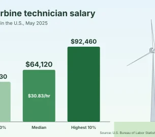 Chart of wind turbine technician salary in the U.S. in May 2025: $49,230 for the lowest 10%, a median of $64,120 and $92,460 for the top 10%, with a wind turbine in the background