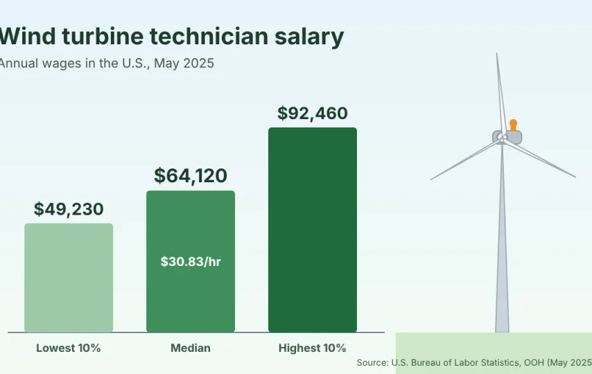 Chart of wind turbine technician salary in the U.S. in May 2025: $49,230 for the lowest 10%, a median of $64,120 and $92,460 for the top 10%, with a wind turbine in the background